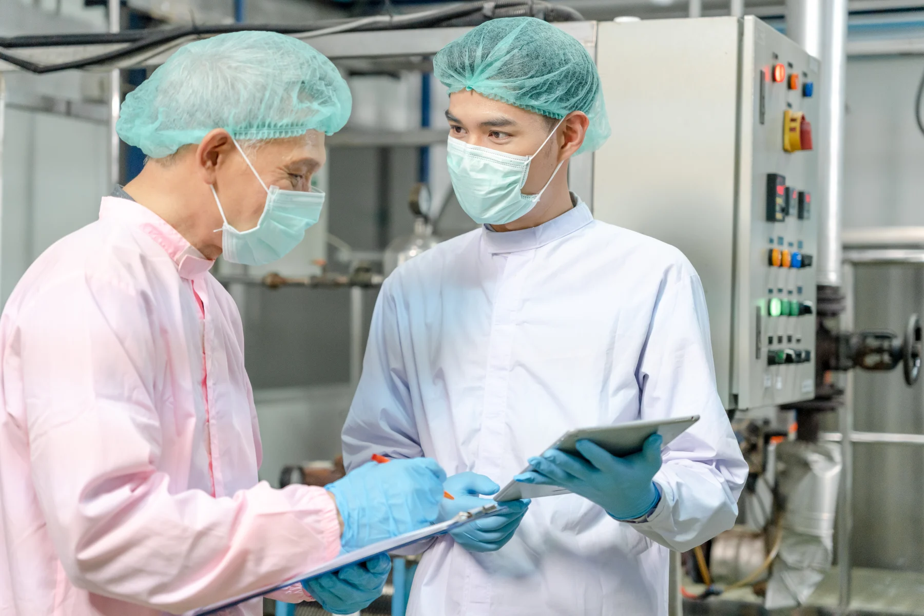 Dua supervisor mutu berdiskusi di area produksi