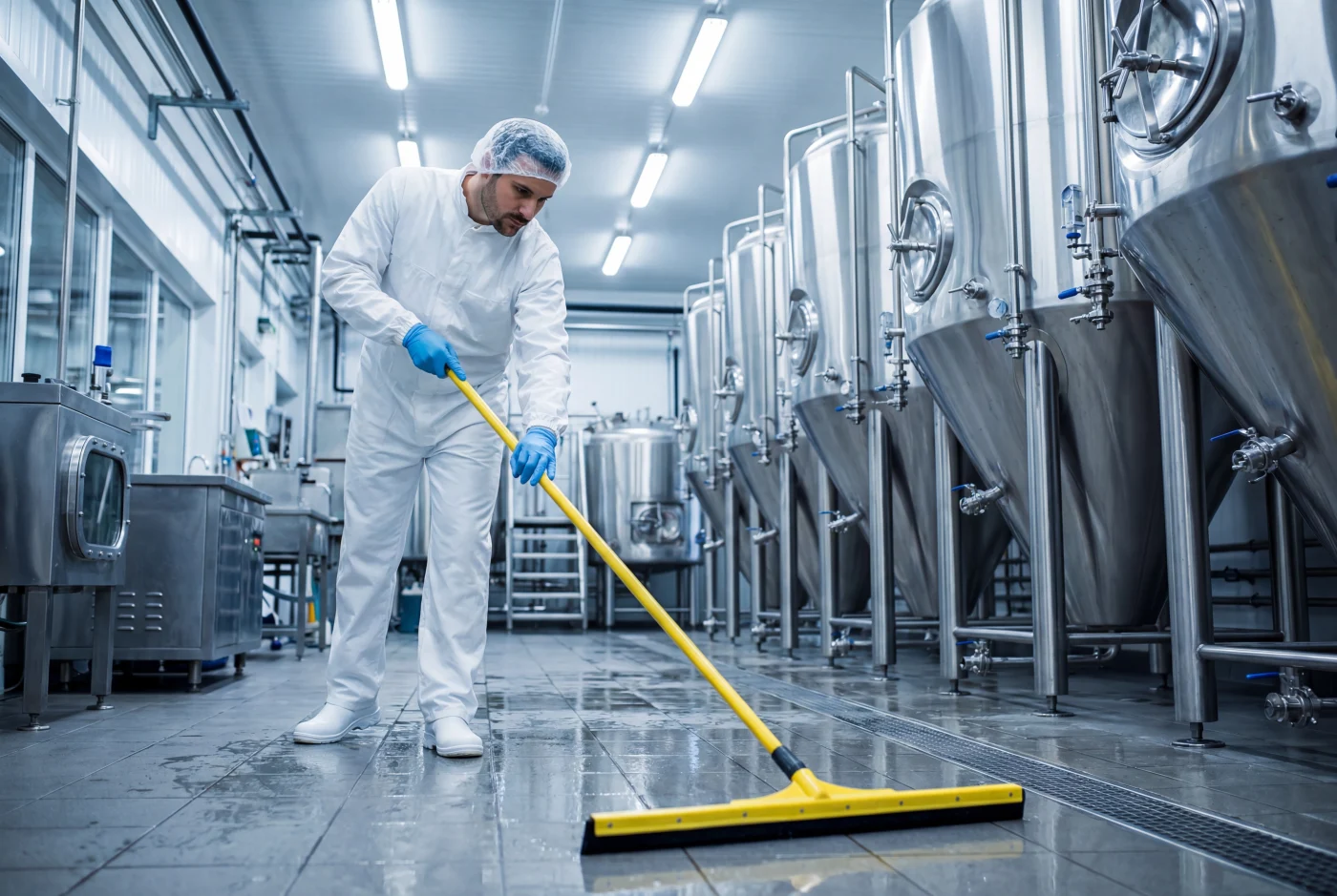 Petugas berpakaian pelindung membersihkan lantai area produksi dengan squeegee di samping tangki stainless