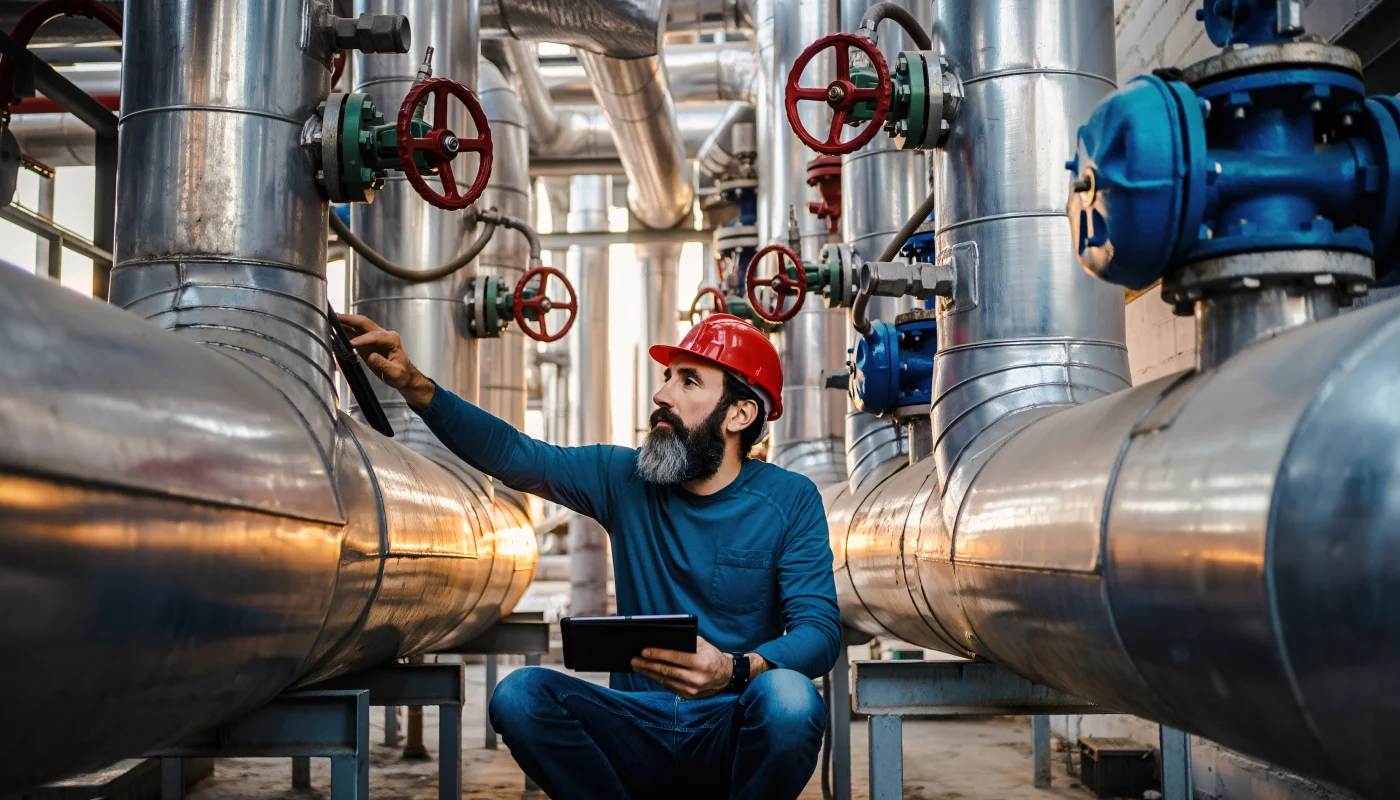 Insinyur industri memeriksa pipa dan valve besar sambil memegang tablet di dalam pabrik