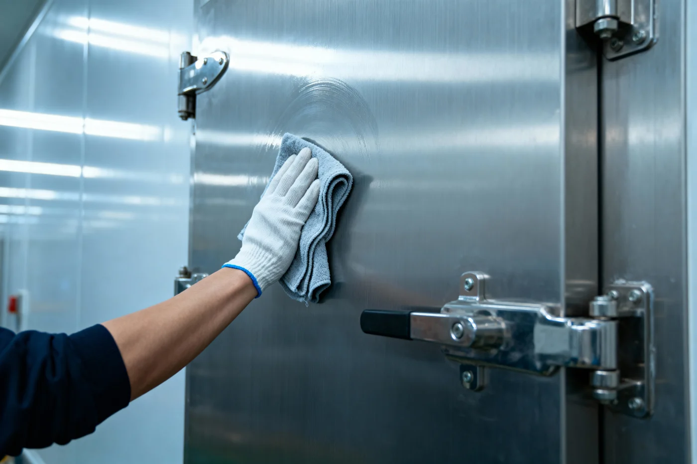 Tangan bersarung membersihkan pintu stainless steel dengan kain mikrofiber