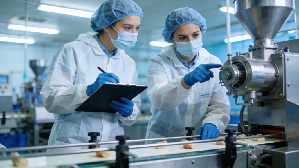 Dua engineer mengevaluasi lini produksi pabrik makanan dengan tablet